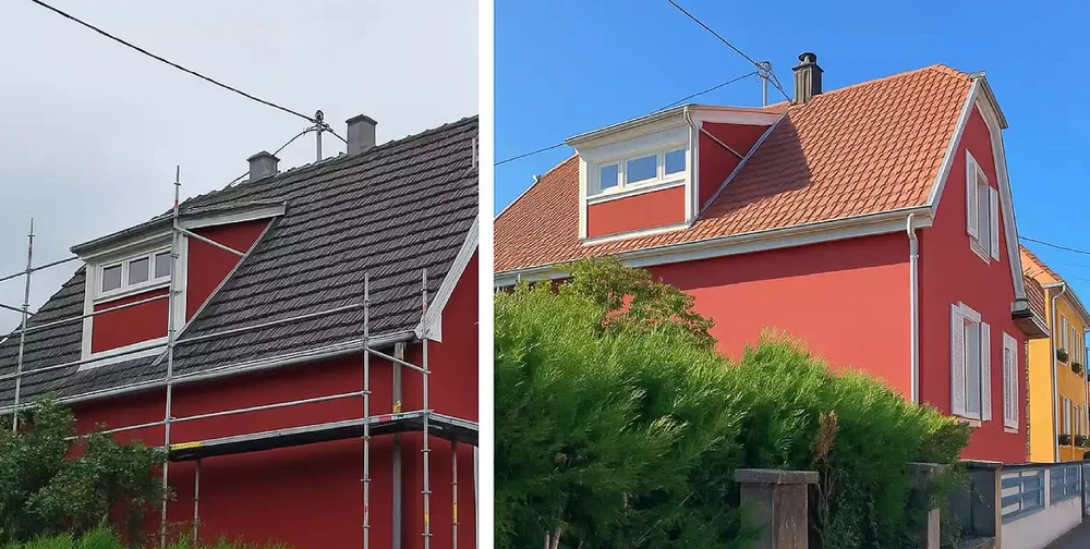 Rénovation extérieure d'une maison individuelle rouge avec comparaison avant/après