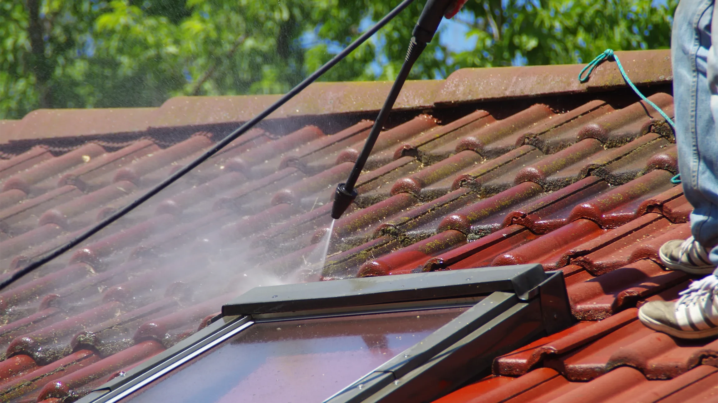 Scène extérieure montrant un toit végétalisé avec deux personnes en arrière-plan sous un ciel nuageux