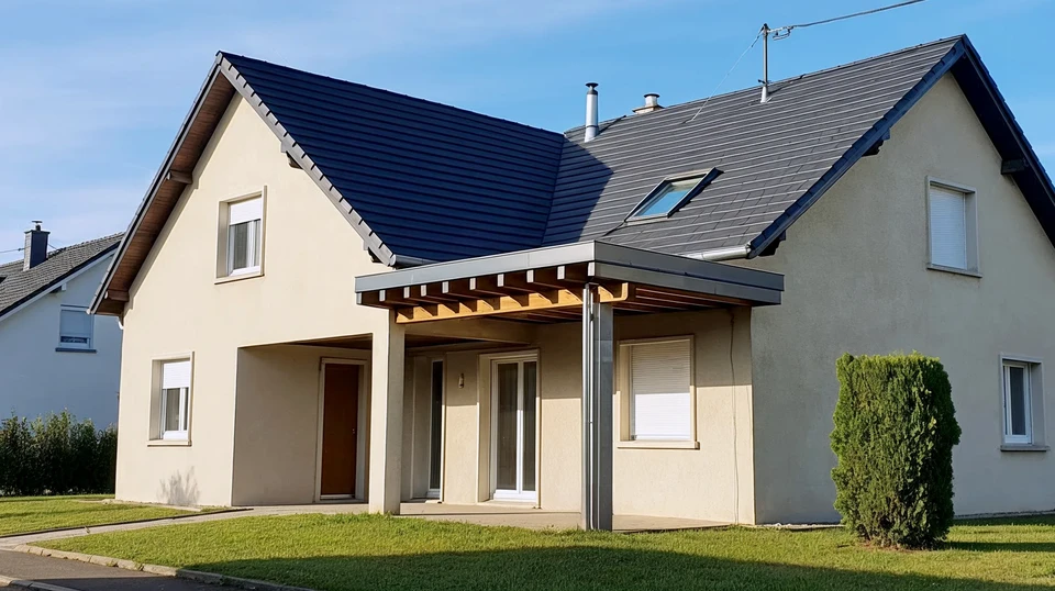 Extérieur résidentiel avec toiture complexe en tuiles mécaniques rouges-brunes