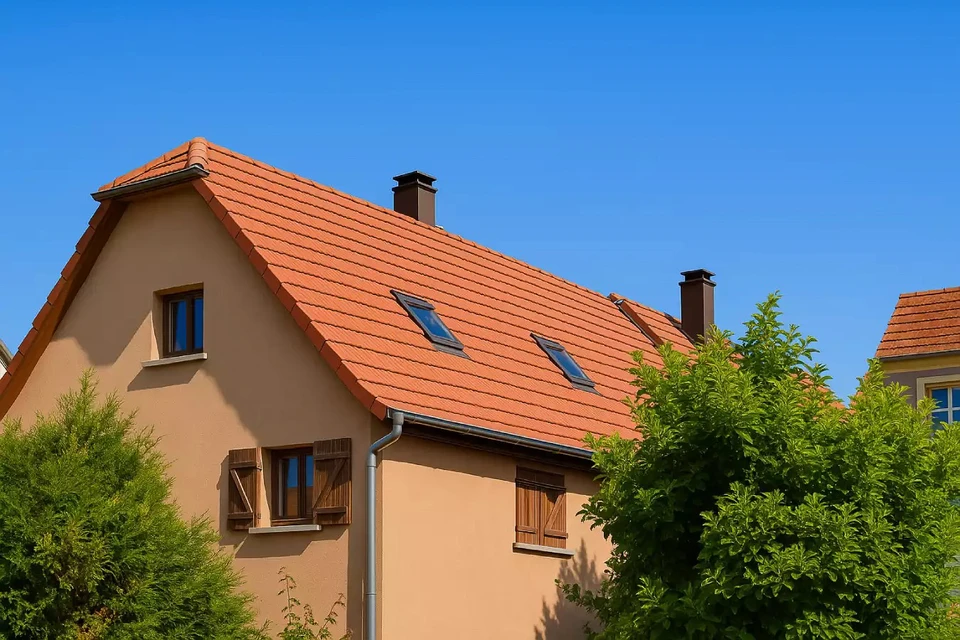 Ouvrier couvreur installant des tuiles terre cuite rouge sur charpente bois, travaux de toiture en cours sous ciel bleu