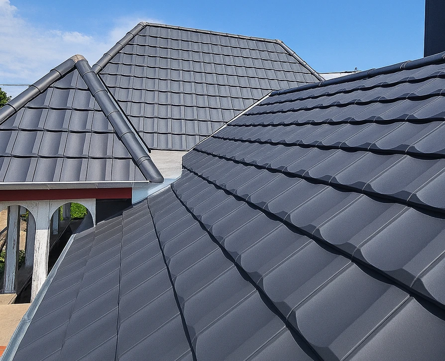 Ouvrier en combinaison bleue travaillant sur toiture en tuiles d'argile rouge-orange d'une maison méditerranéenne