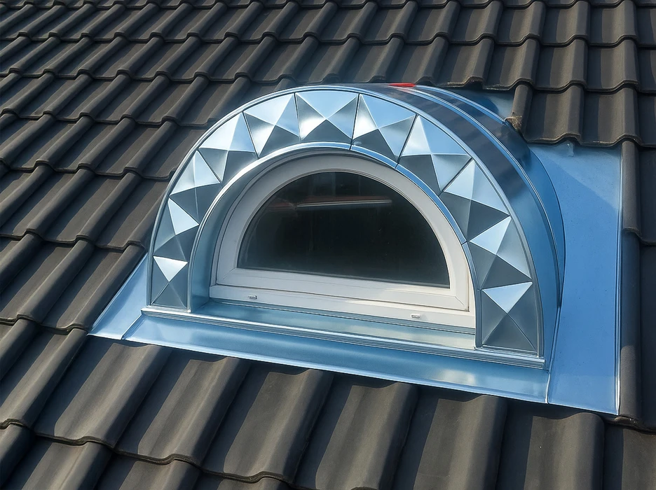 Toiture plate moderne avec lucarne rectangulaire vitrée à cadre noir, installée sur membrane d'étanchéité grise