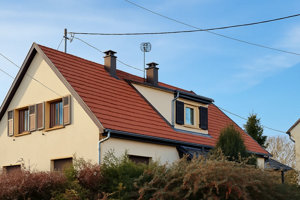Toiture résidentielle avec tuiles métalliques grises sous ciel bleu
