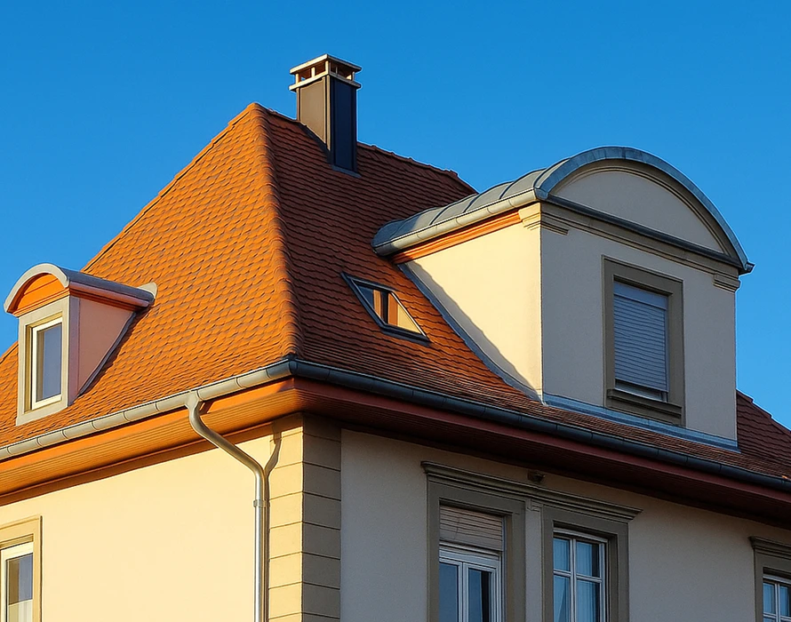 Maison résidentielle avec toiture en tuiles terre cuite, façade beige crépie, volets bois, fenêtres de toit type Velux
