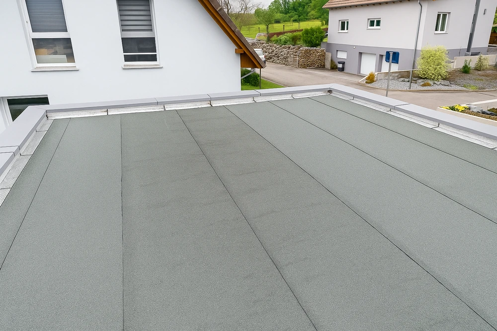 Toiture résidentielle avec tuiles métalliques grises sous ciel bleu