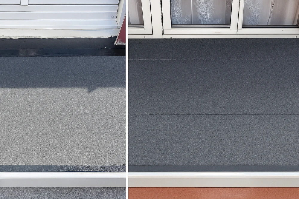 Chantier de toiture-terrasse en cours d'achèvement avec étanchéité bitumineuse posée, relevés d'étanchéité en périphérie et évacuation d'eaux pluviales installée