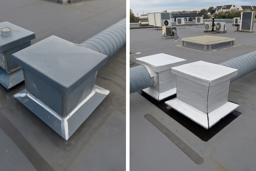 Chantier de toiture-terrasse en cours d'achèvement avec étanchéité bitumineuse posée, relevés d'étanchéité en périphérie et évacuation d'eaux pluviales installée