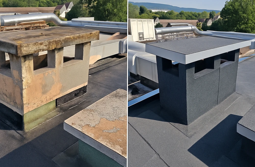 Chantier de toiture-terrasse en cours d'achèvement avec étanchéité bitumineuse posée, relevés d'étanchéité en périphérie et évacuation d'eaux pluviales installée