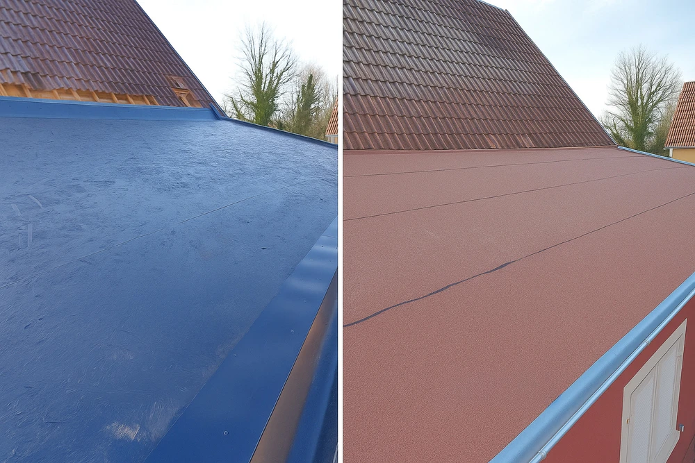 Chantier de toiture-terrasse en cours d'achèvement avec étanchéité bitumineuse posée, relevés d'étanchéité en périphérie et évacuation d'eaux pluviales installée