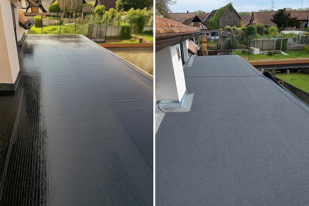 Chantier de toiture-terrasse en cours d'achèvement avec étanchéité bitumineuse posée, relevés d'étanchéité en périphérie et évacuation d'eaux pluviales installée