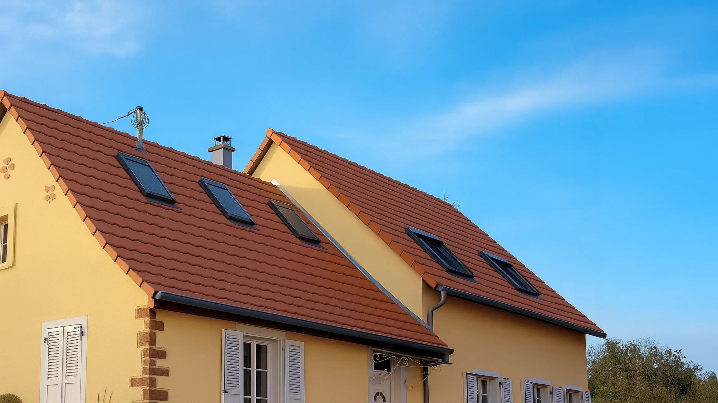Maison contemporaine à étage avec façade jaune ocre et toiture en tuiles terre cuite