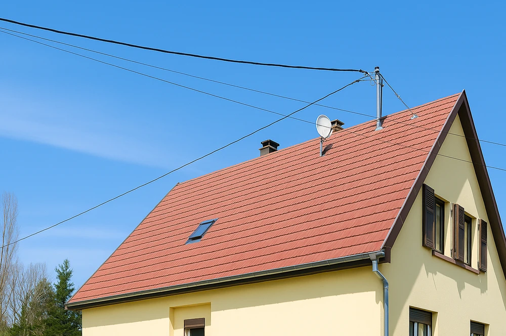 Toiture résidentielle avec tuiles métalliques grises sous ciel bleu